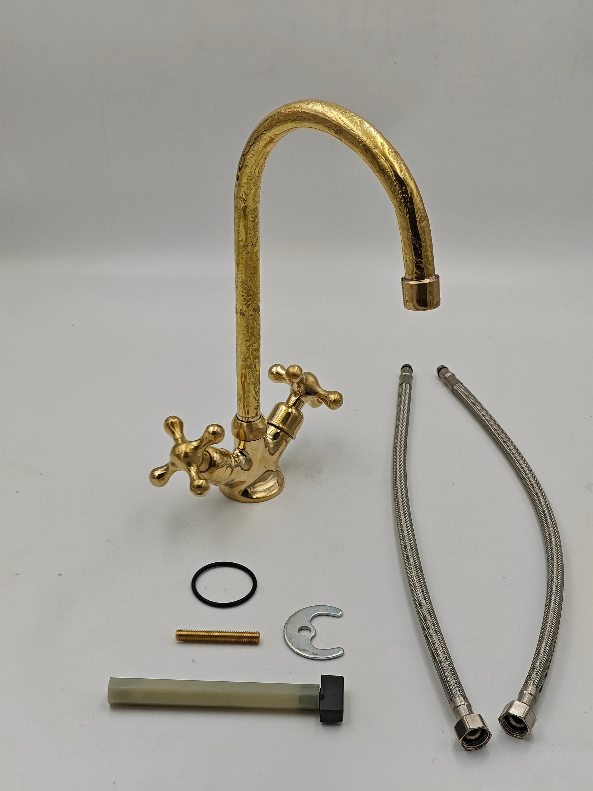 Vintage faucet, Antique brass faucet, Engraved Unlacquered Brass Vanity Sink Faucet - bohoprime