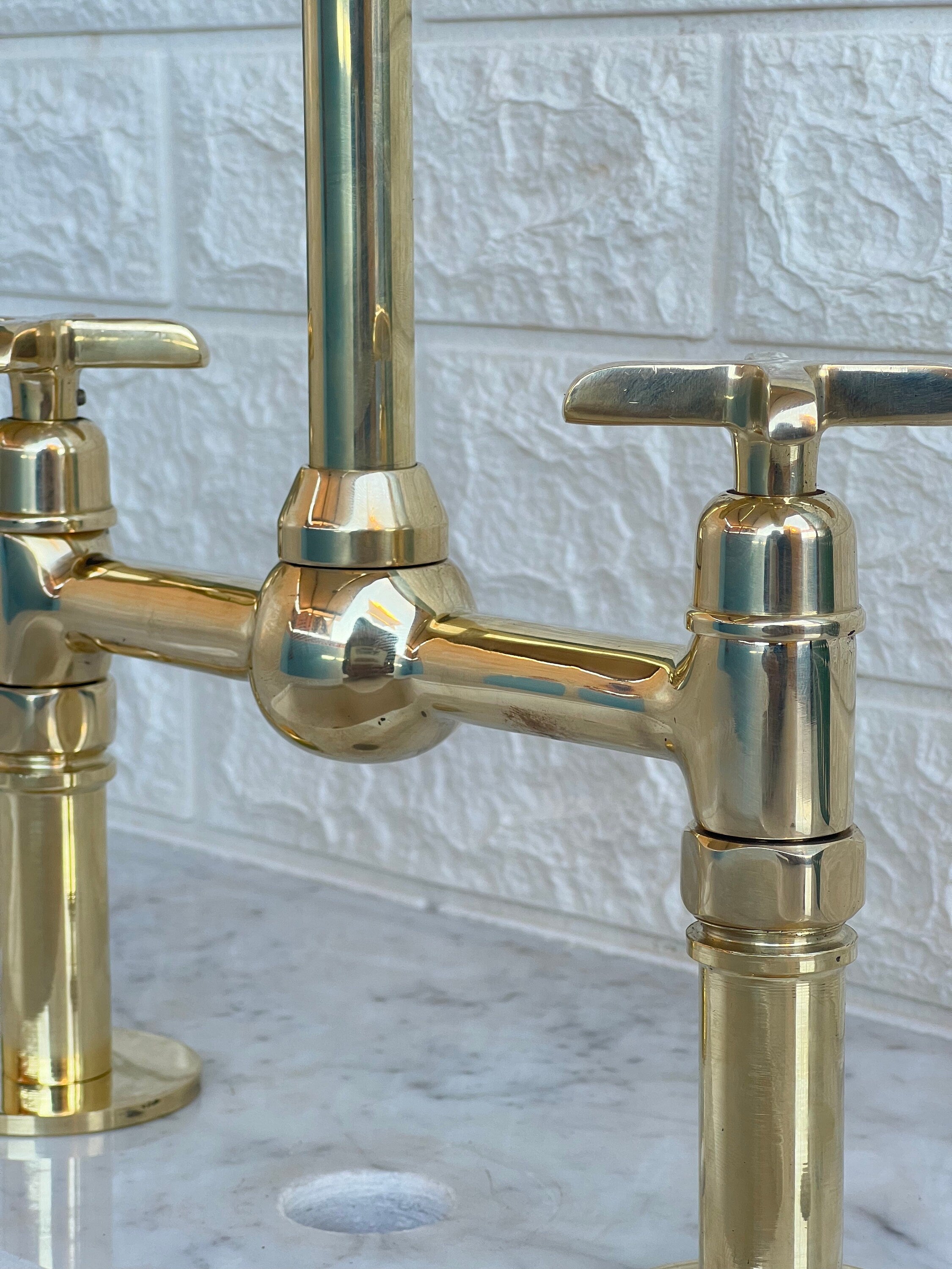 Vintage Brass Bridge Faucet with Ball Center – Unlacquered Kitchen Faucet - bohoprime