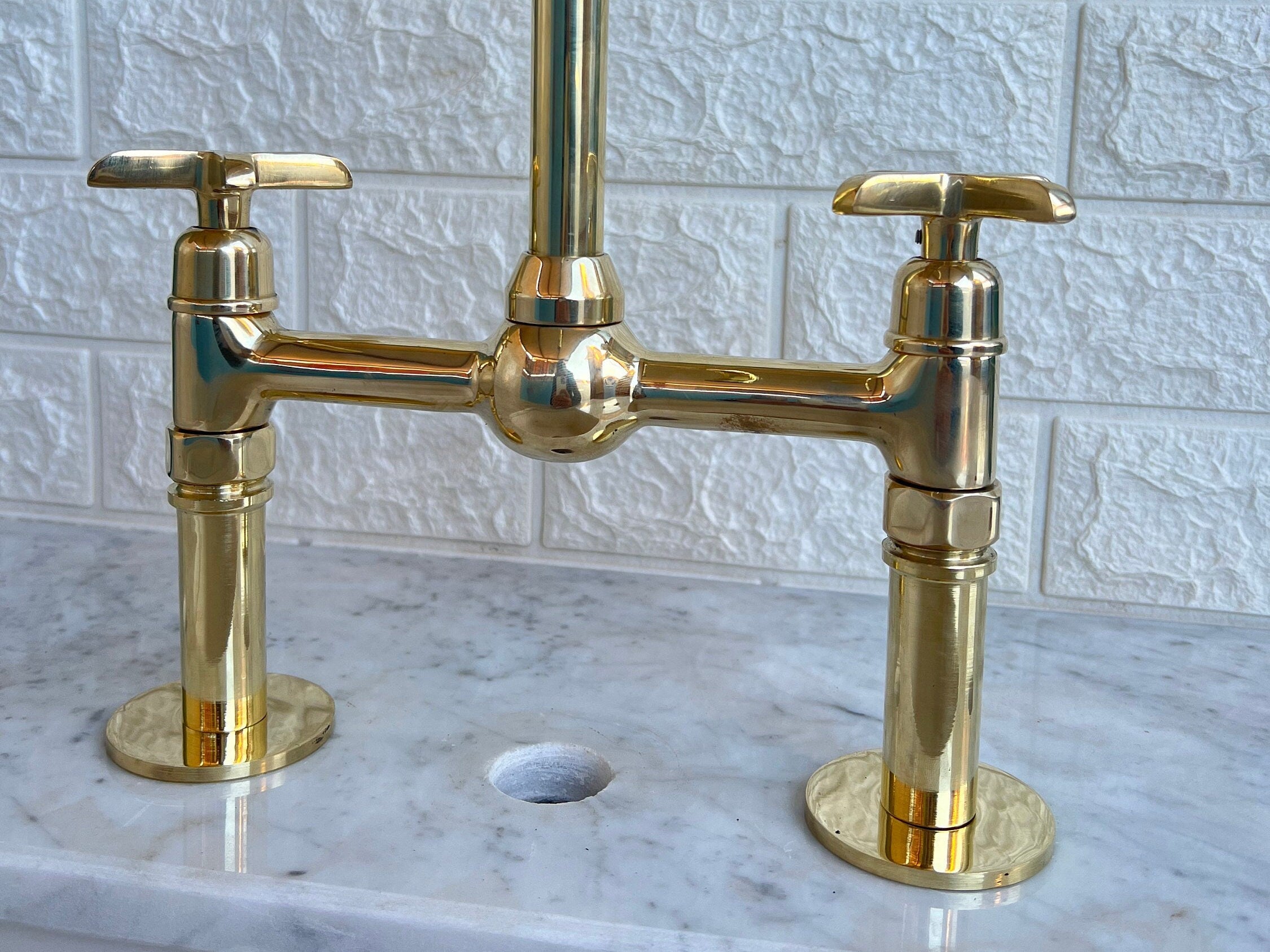 Vintage Brass Bridge Faucet with Ball Center – Unlacquered Kitchen Faucet - bohoprime
