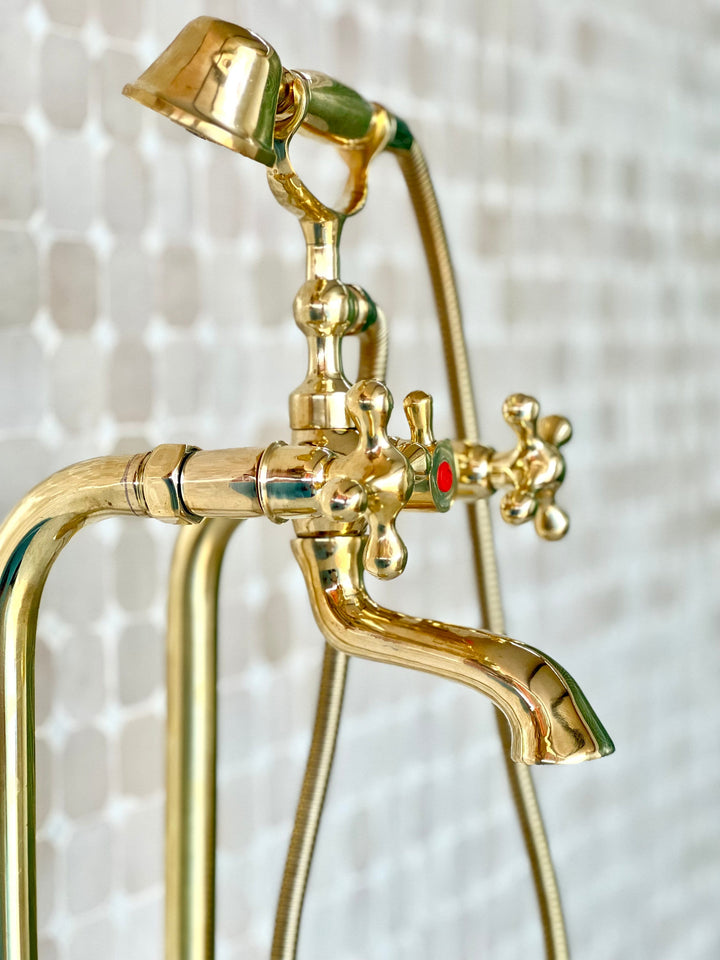 Unlacquered Brass Freestanding Tub Filler With Hand Held, Solid Brass Faucet - bohoprime