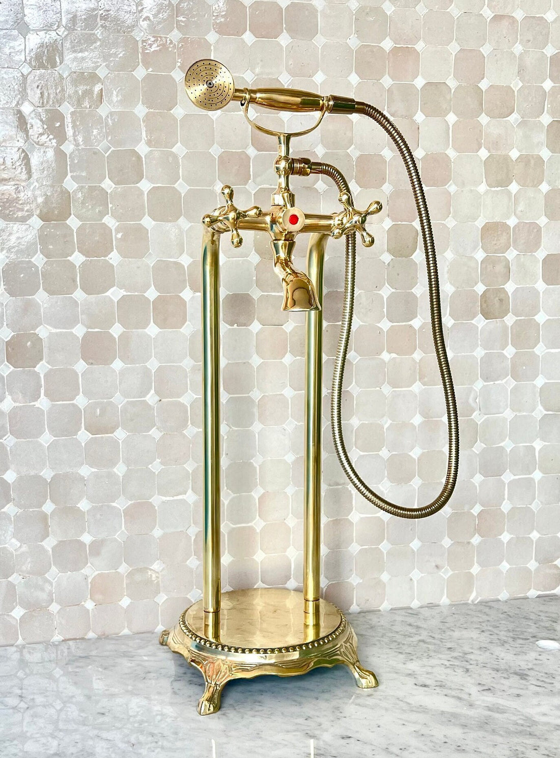 Unlacquered Brass Freestanding Tub Filler With Hand Held, Solid Brass Faucet