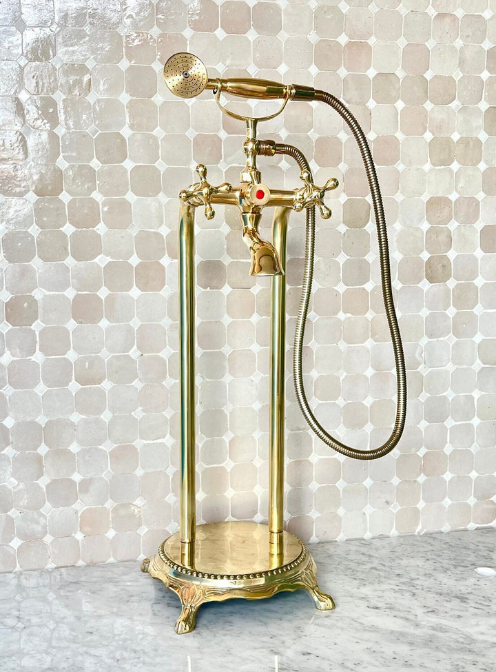 Unlacquered Brass Freestanding Tub Filler With Hand Held, Solid Brass Faucet - bohoprime