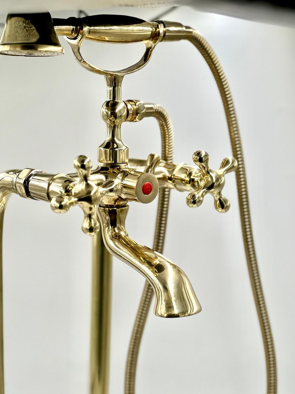 Unlacquered Brass Freestanding Antique Style Tub Filler Faucet, Solid Brass Bathtub - bohoprime