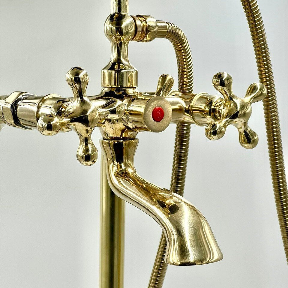 Unlacquered Brass Freestanding Antique Style Tub Filler Faucet, Solid Brass Bathtub - bohoprime