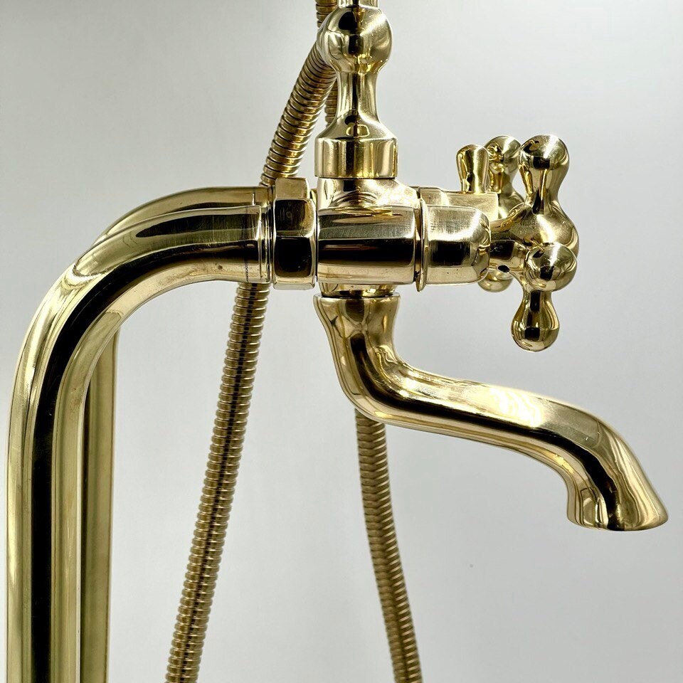 Unlacquered Brass Freestanding Antique Style Tub Filler Faucet, Solid Brass Bathtub - bohoprime