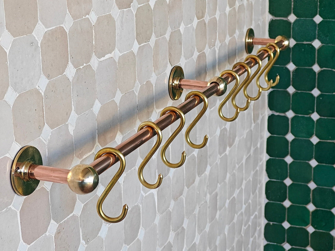 Unlacquered Copper Pot Rail with Brass Hooks - Customizable Size and Lifetime Durability - bohoprime