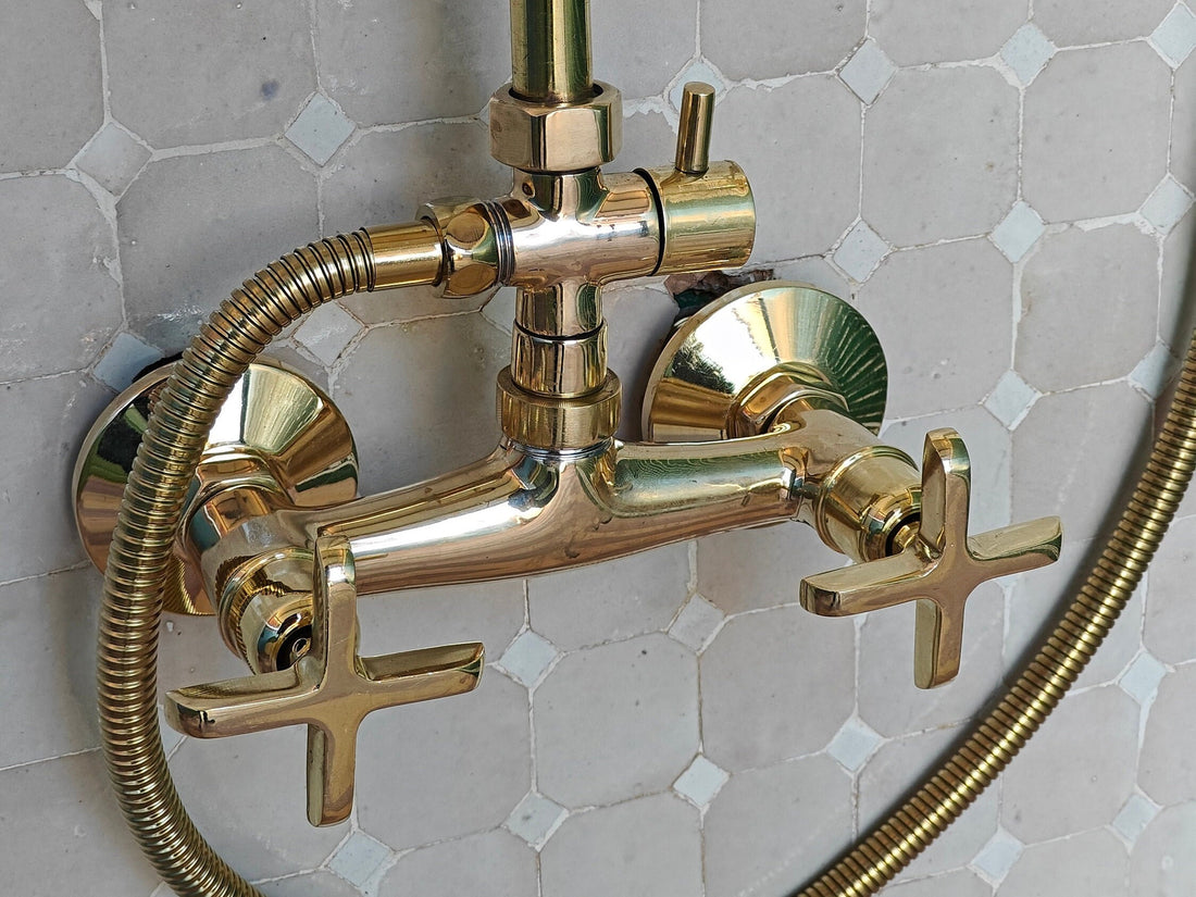 Solid Brass Shower System, Round Shower Head, Unlacquered Brass Shower Faucet - bohoprime