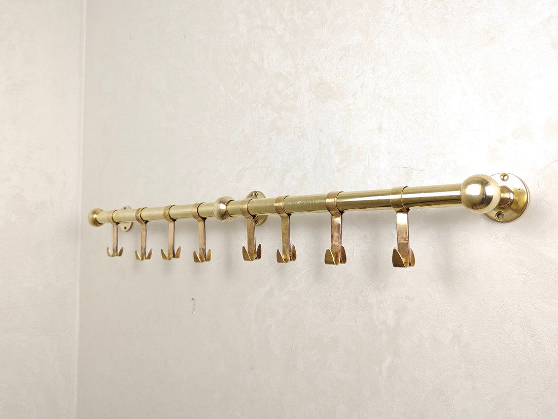 Unlacquered Brass Wall-Mounted Pot Rack - Rustic Pan Organizer with Hooks - bohoprime