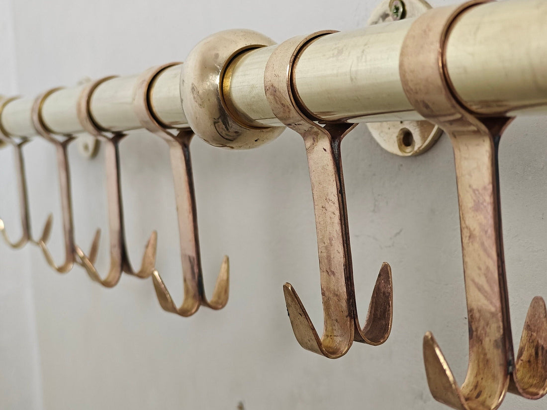 Unlacquered Brass Wall-Mounted Pot Rack - Rustic Pan Organizer with Hooks - bohoprime