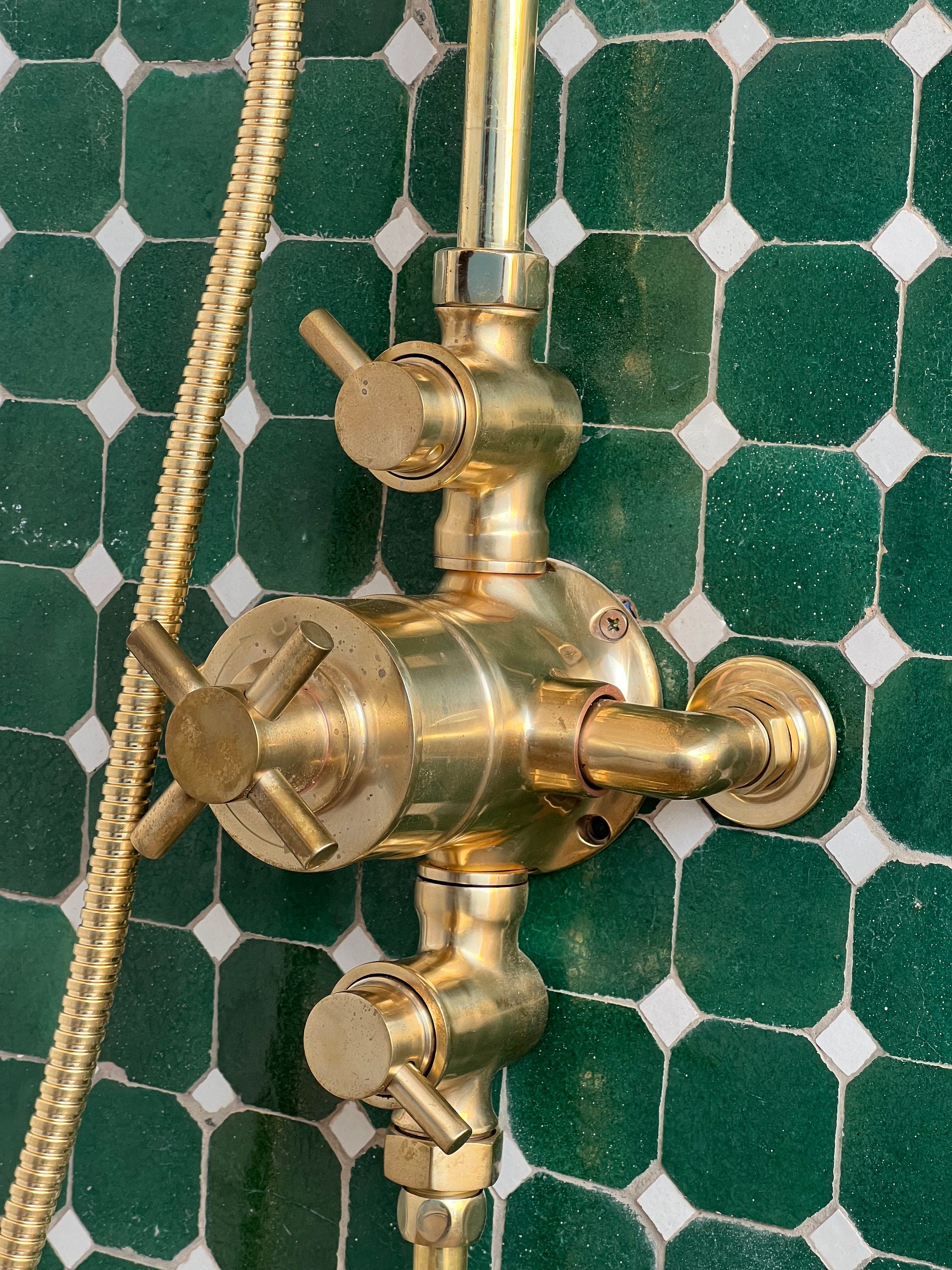 Unlacquered Brass Shower Set, Solid Brass Thermostatic Valve , Round ShowerHead and HandShower - bohoprime