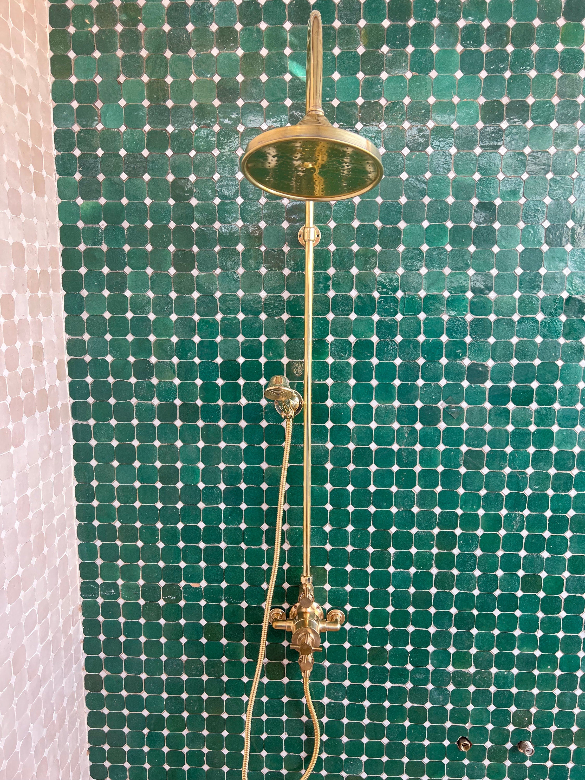 Unlacquered Brass Shower Set, Solid Brass Thermostatic Valve , Round ShowerHead and HandShower - bohoprime
