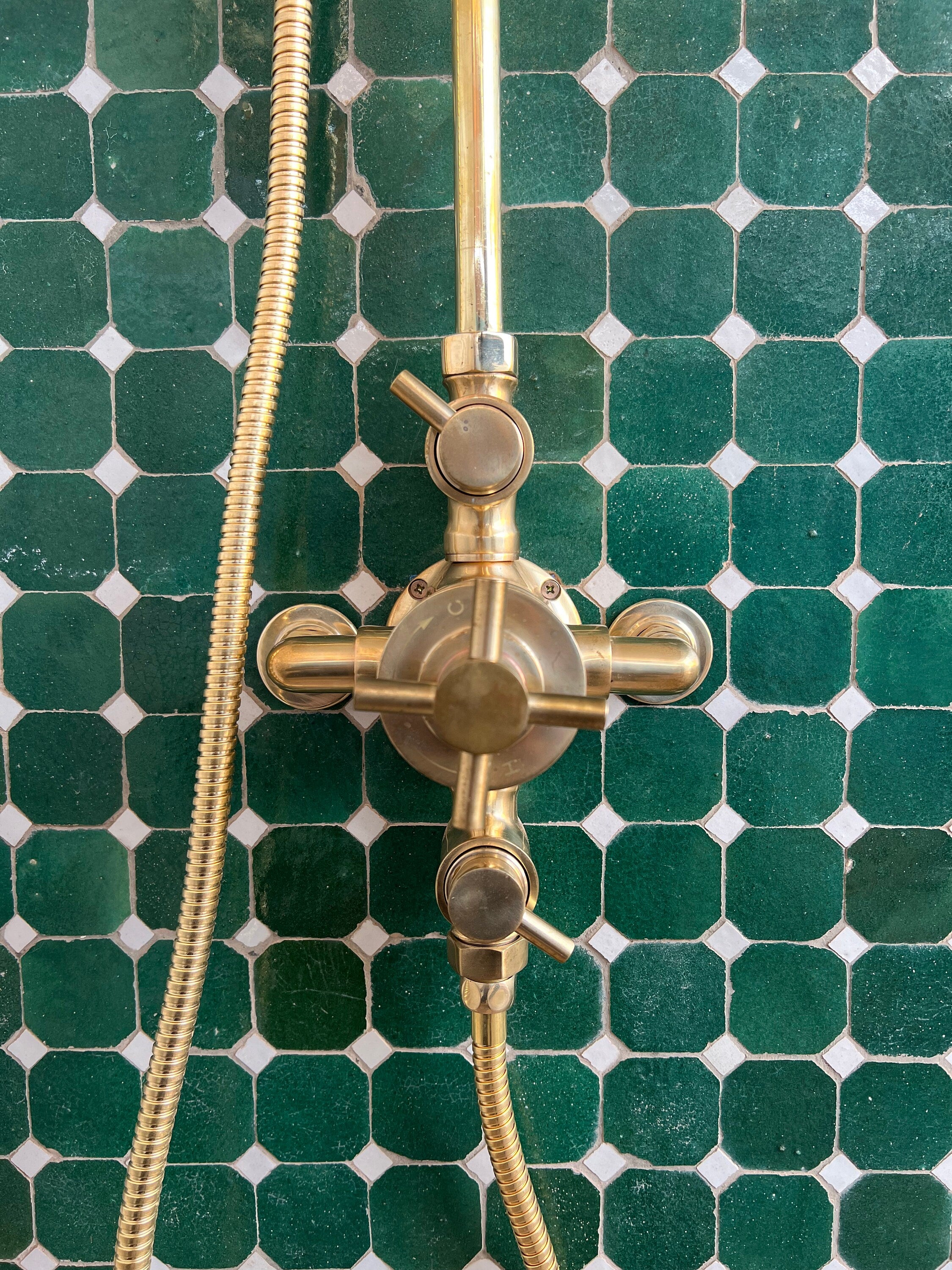 Unlacquered Brass Shower Set, Solid Brass Thermostatic Valve , Round ShowerHead and HandShower - bohoprime