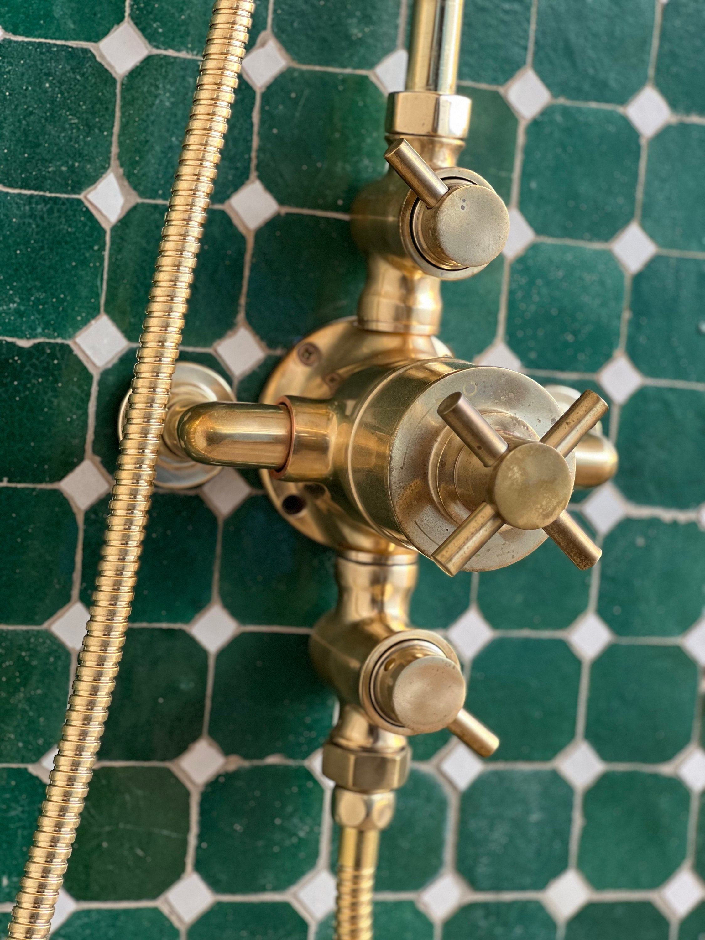 Unlacquered Brass Shower Set, Solid Brass Thermostatic Valve , Round ShowerHead and HandShower - bohoprime