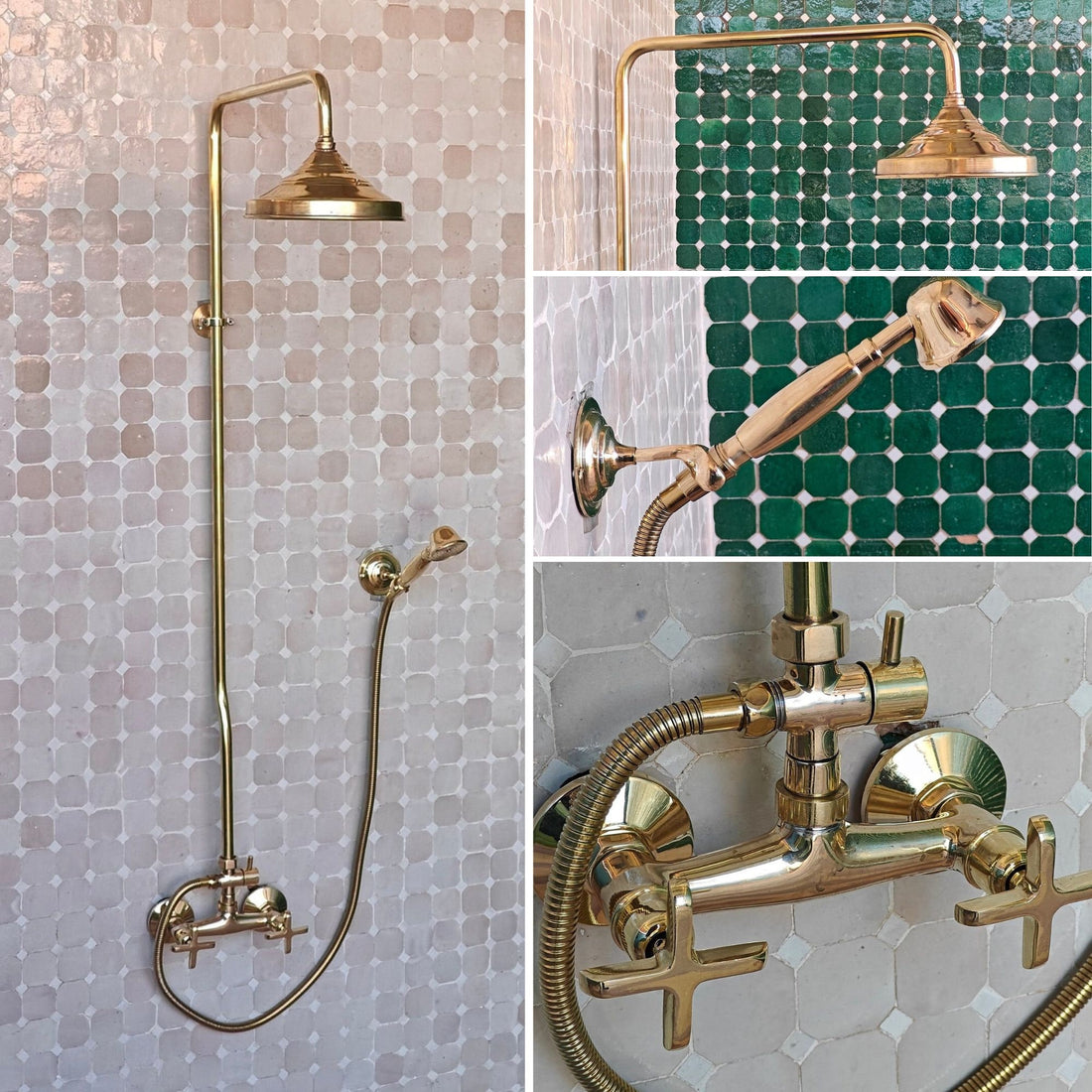 Solid Brass Shower System, Round Shower Head, Unlacquered Brass Shower Faucet - bohoprime