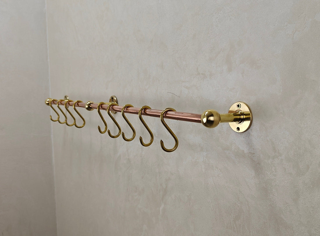 Unlacquered Copper Pot Rail with Brass Hooks - Customizable Size and Lifetime Durability - bohoprime