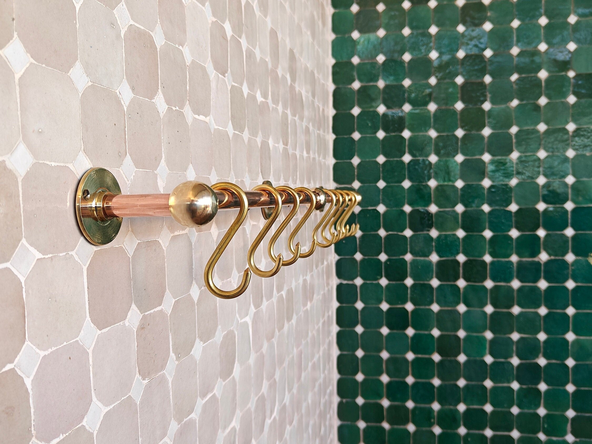 Unlacquered Copper Pot Rail with Brass Hooks - Customizable Size and Lifetime Durability - bohoprime