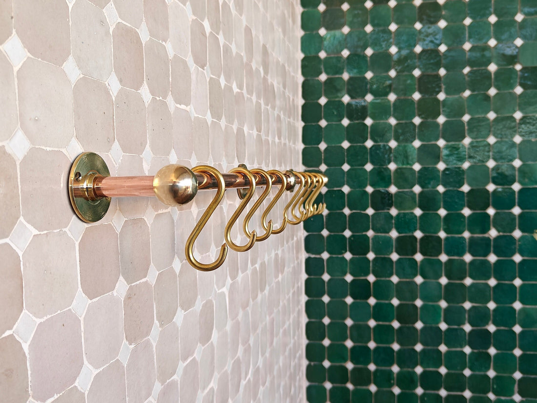 Unlacquered Copper Pot Rail with Brass Hooks - Customizable Size and Lifetime Durability - bohoprime