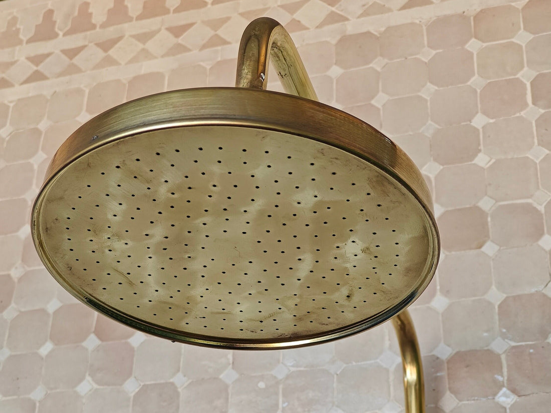 Solid Brass Shower System, Round Shower Head, Unlacquered Brass Shower Faucet - bohoprime