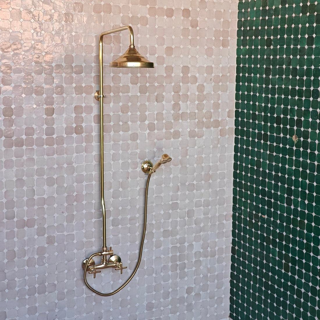 Solid Brass Shower System, Round Shower Head, Unlacquered Brass Shower Faucet - bohoprime