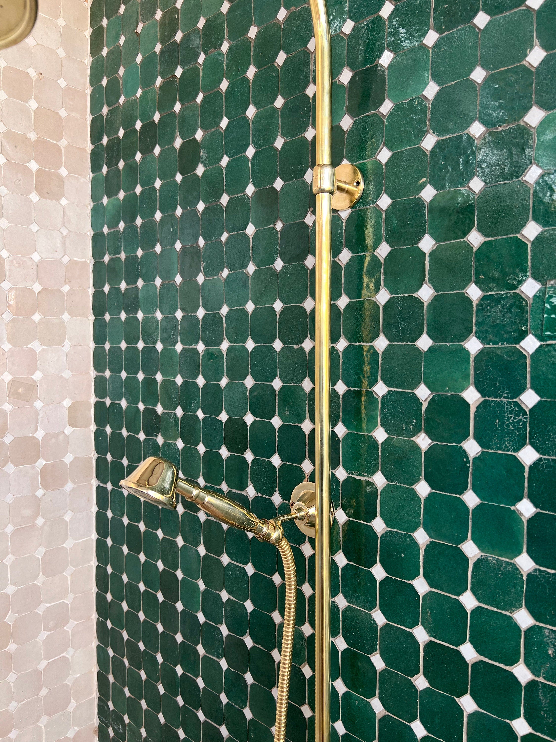 Unlacquered Brass Shower Set, Solid Brass Thermostatic Valve , Round ShowerHead and HandShower - bohoprime