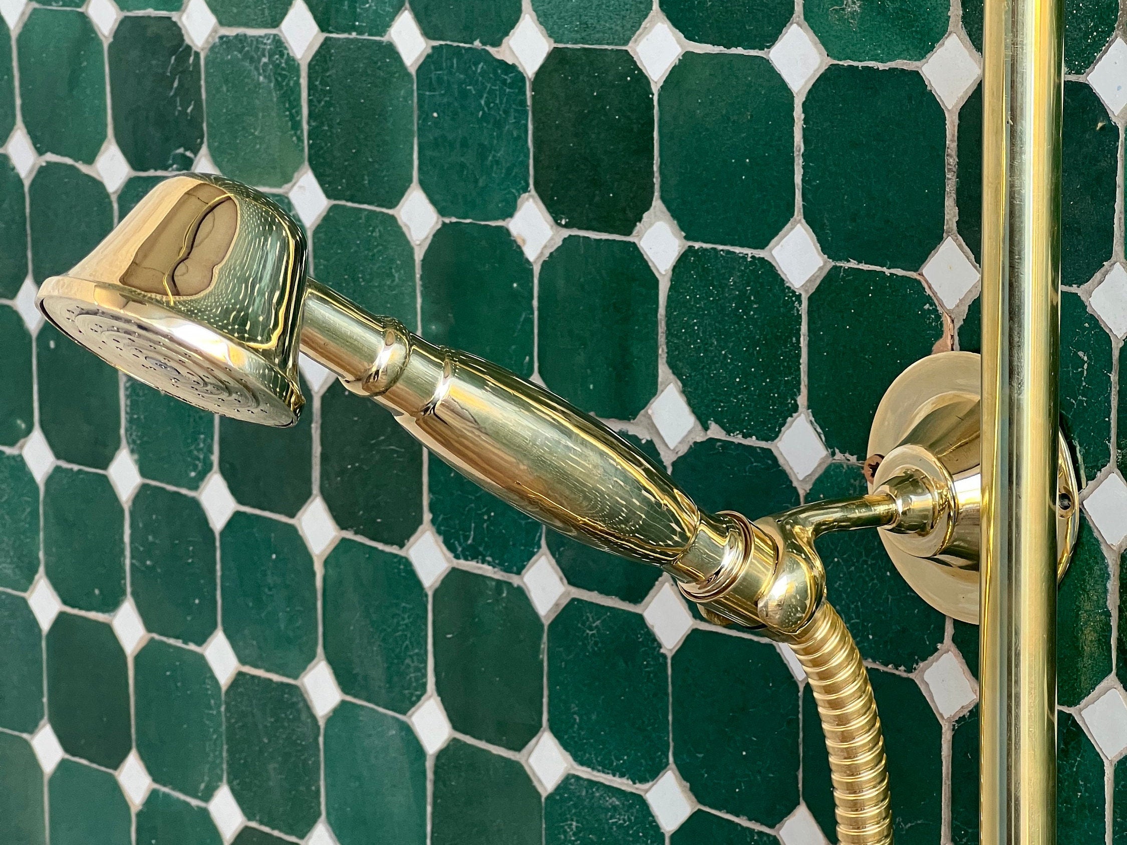 Unlacquered Brass Shower Set, Solid Brass Thermostatic Valve , Round ShowerHead and HandShower - bohoprime