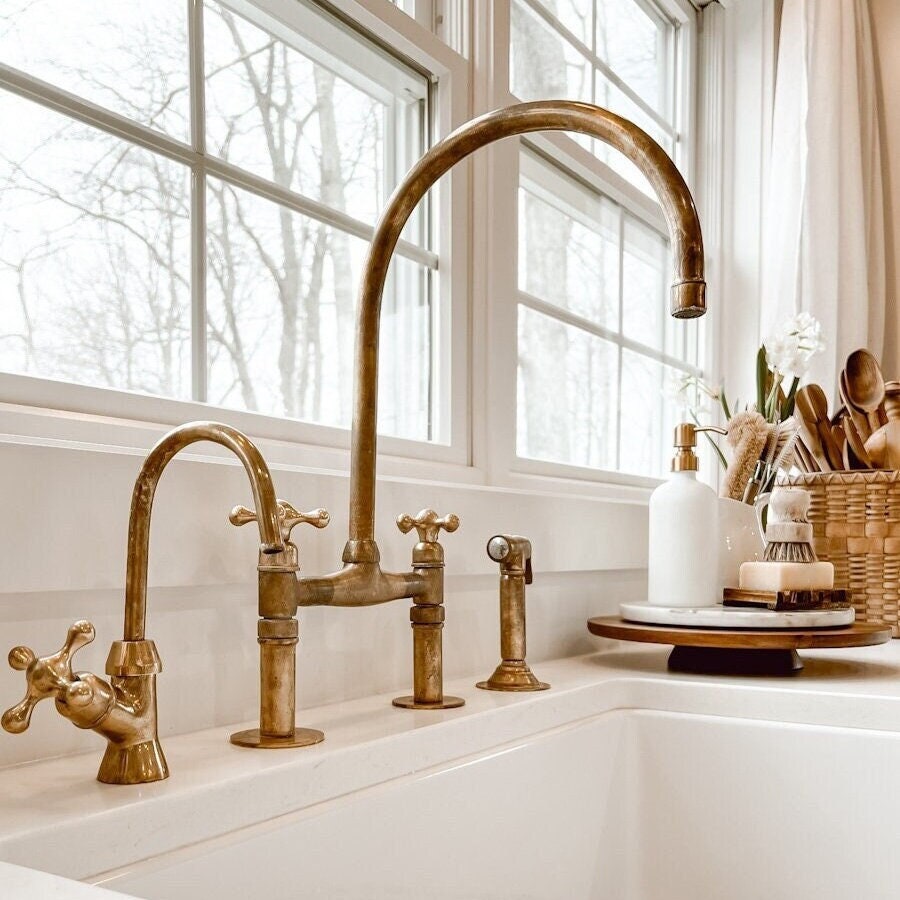 Unlacquered Brass Kitchen Bridge Faucet – Solid Brass with Cross Handles - bohoprime