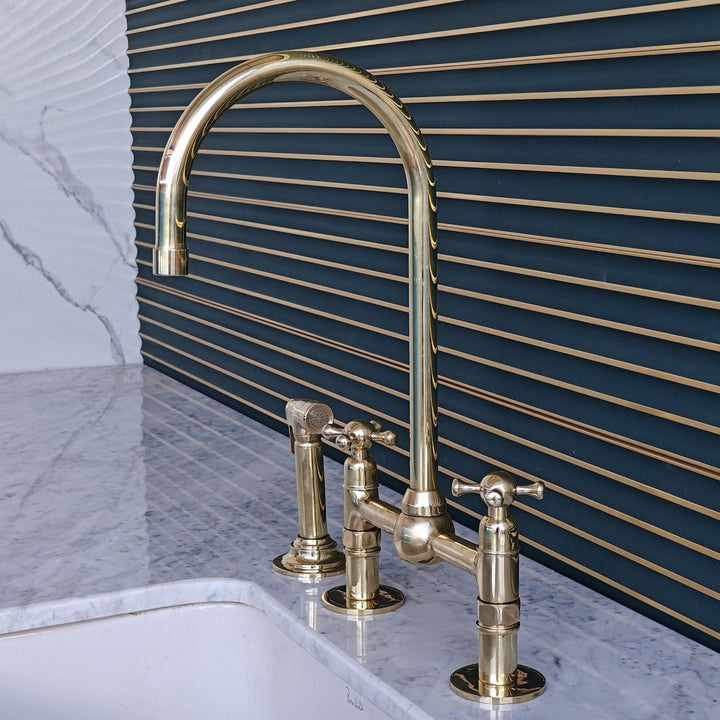 Unlacquered Brass 8-Inch Bridge Kitchen Faucet - Solid Brass with Cross Handles - bohoprime