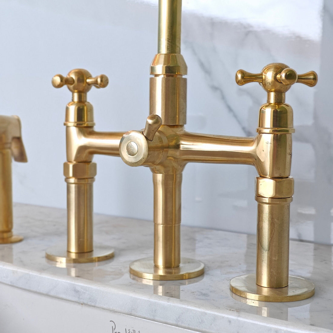 Unlacquered Brass 3 Hole bridge Faucet With Sprayer, Antique Brass Kitchen Faucets - bohoprime