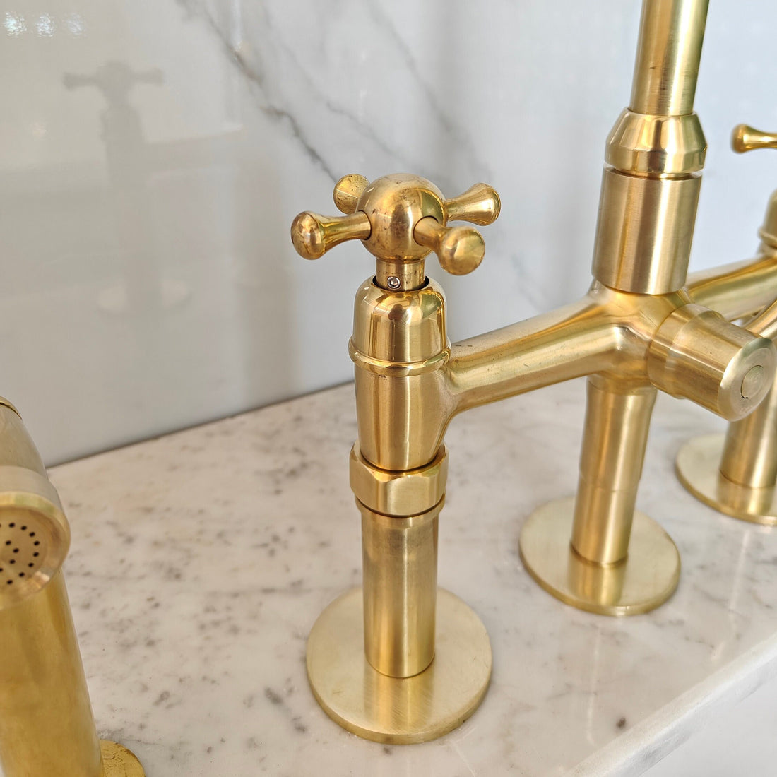 Unlacquered Brass 3 Hole bridge Faucet With Sprayer, Antique Brass Kitchen Faucets - bohoprime