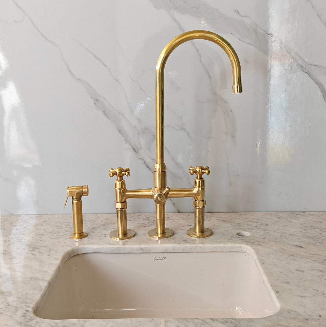 Unlacquered Brass 3 Hole bridge Faucet With Sprayer, Antique Brass Kitchen Faucets - bohoprime