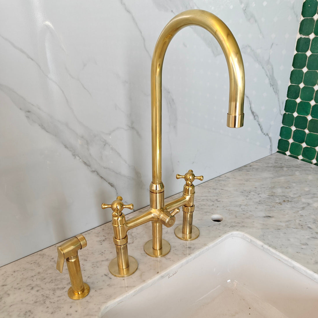 Unlacquered Brass 3 Hole bridge Faucet With Sprayer, Antique Brass Kitchen Faucets - bohoprime