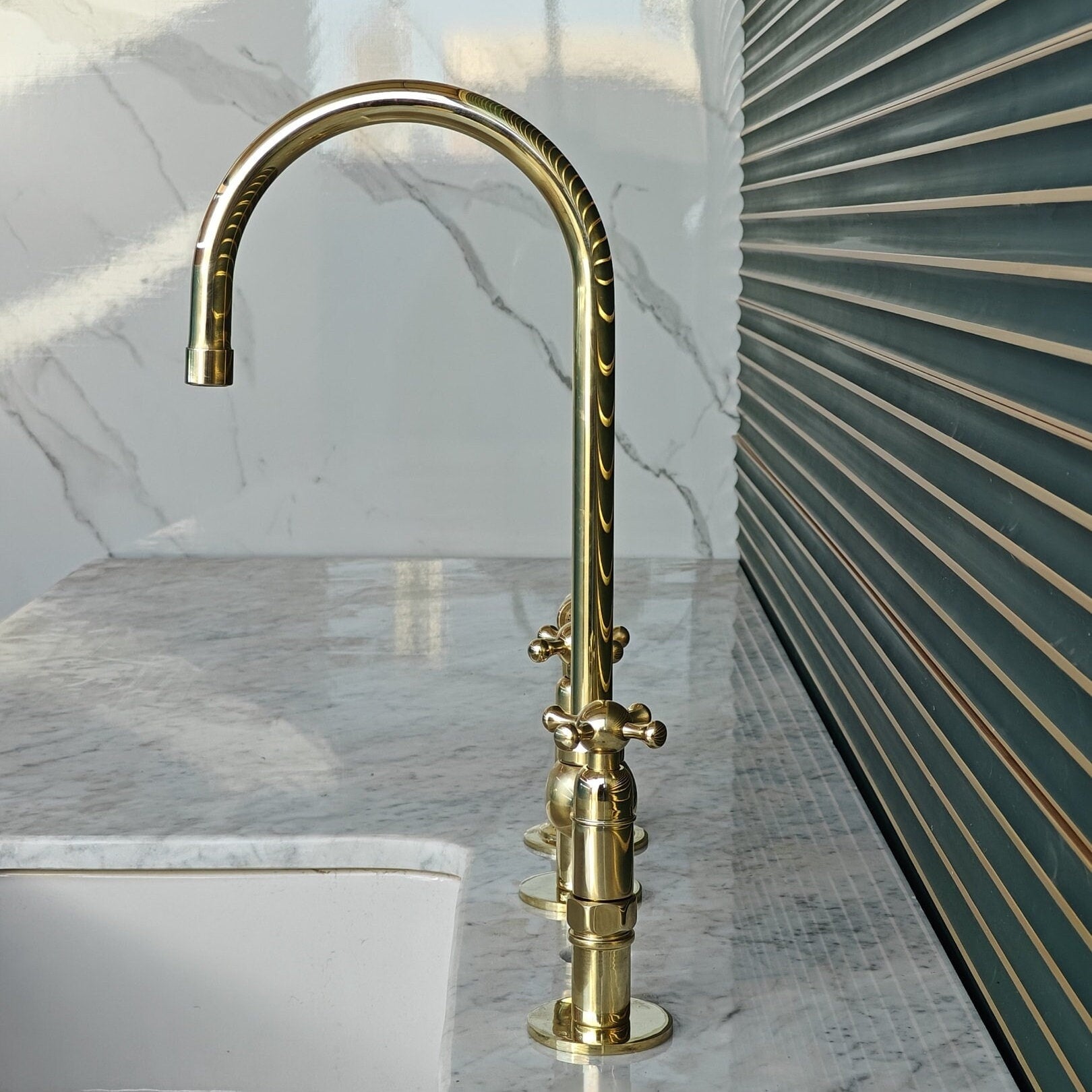 Unlacquered Brass 8-Inch Bridge Kitchen Faucet - Solid Brass with Cross Handles - bohoprime