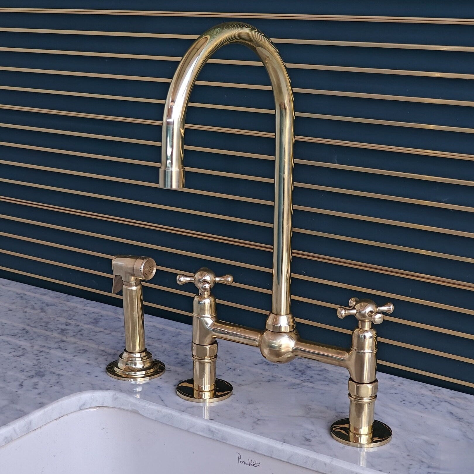 Unlacquered Brass 8-Inch Bridge Kitchen Faucet - Solid Brass with Cross Handles - bohoprime