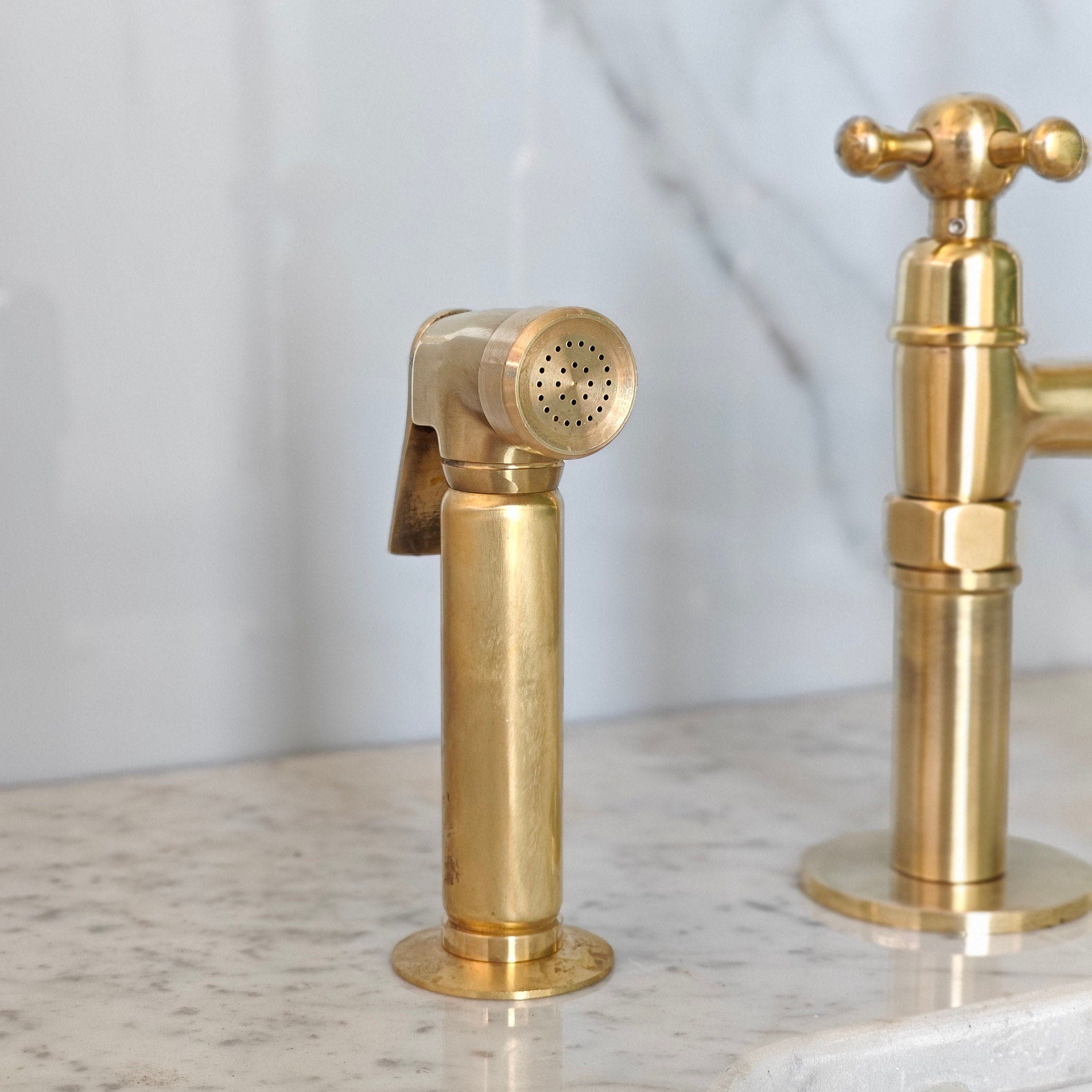 Unlacquered Brass 3 Hole bridge Faucet With Sprayer, Antique Brass Kitchen Faucets - bohoprime