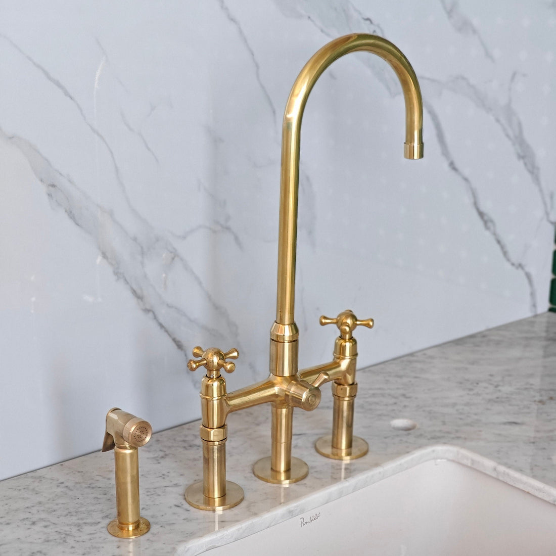 Unlacquered Brass 3 Hole bridge Faucet With Sprayer, Antique Brass Kitchen Faucets - bohoprime