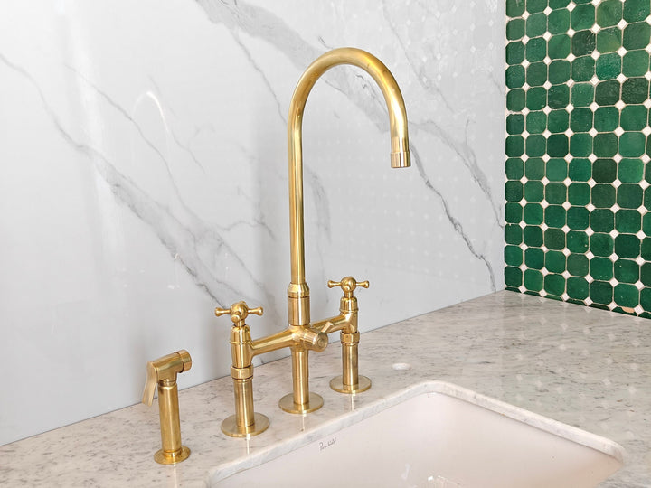 Unlacquered Brass 3 Hole bridge Faucet With Sprayer, Antique Brass Kitchen Faucets - bohoprime