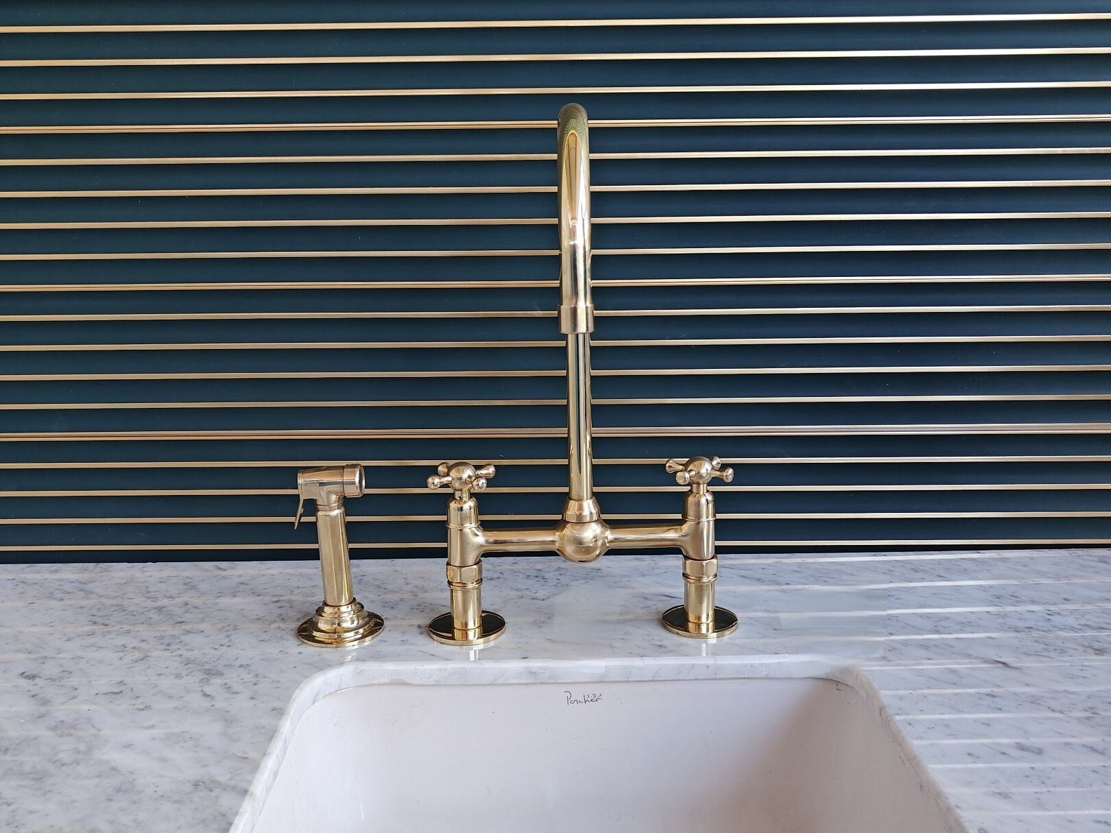 Unlacquered Brass 8-Inch Bridge Kitchen Faucet - Solid Brass with Cross Handles - bohoprime