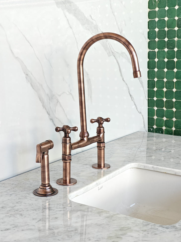 Unlacquered Brass Copper Bridge Faucet, Copper Kitchen Faucets, Vintage Brass Taps - bohoprime