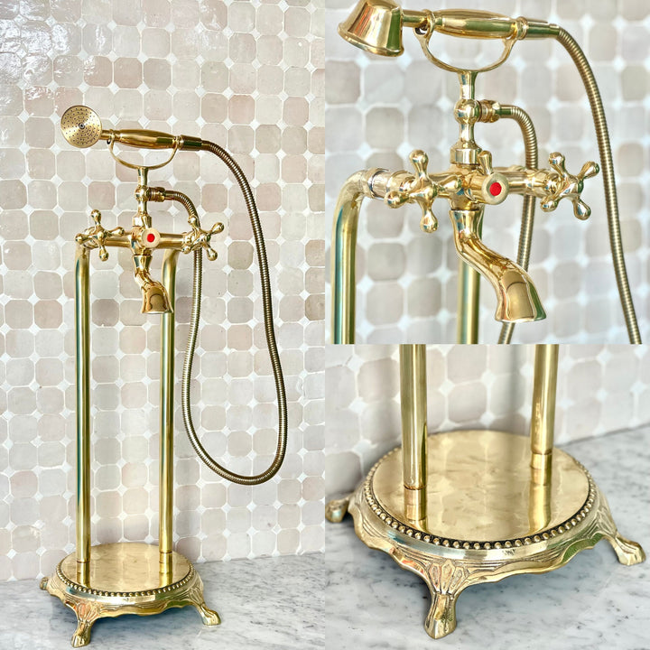 Unlacquered Brass Freestanding Antique Style Tub Filler Faucet, Solid Brass Bathtub - bohoprime