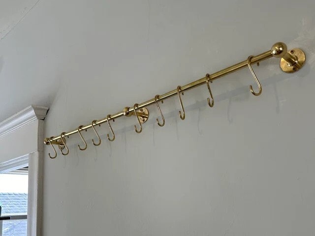 Unlacquered Brass Pot Rail, Brass Rod , Vintage Brass Rail, Pot Rail and Hooks - bohoprime