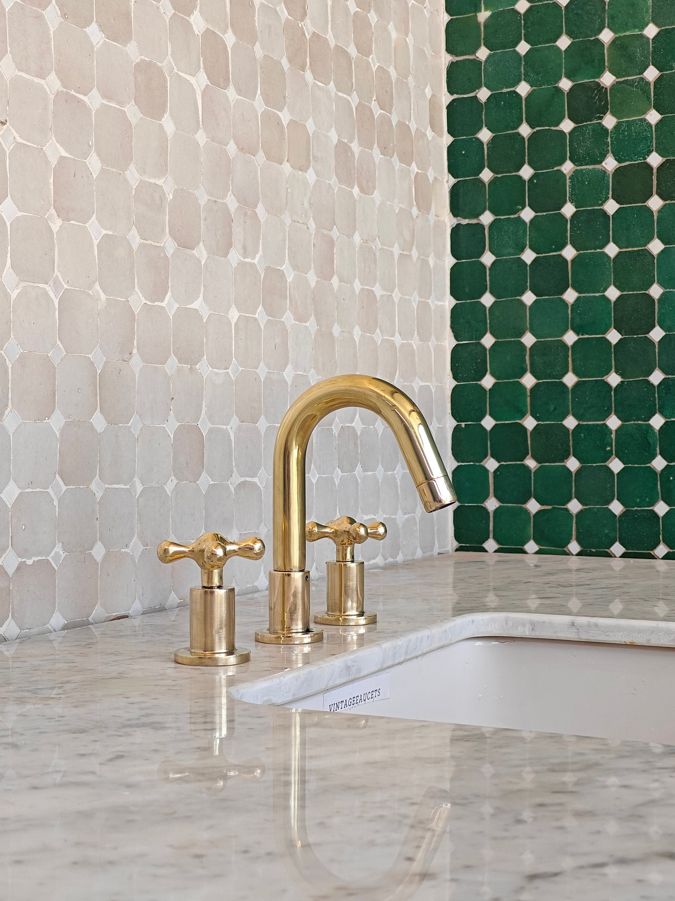 Unlacquered Brass Sink Faucet, Widespread Bathroom Faucet, Vanity 3 Hole Sink, Deck Mount Faucet - bohoprime